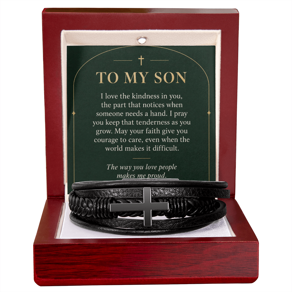 To My Son Cross Bracelet – "Makes Me Proud" Message Card & Gift Box, Christian Faith Gift for Son