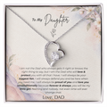 card close-up, white gold): To my daughter necklace from dad — Forever Love heart pendant on message card, white gold finish