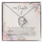 card close-up, white gold): To my daughter necklace from dad — Forever Love heart pendant on message card, white gold finish