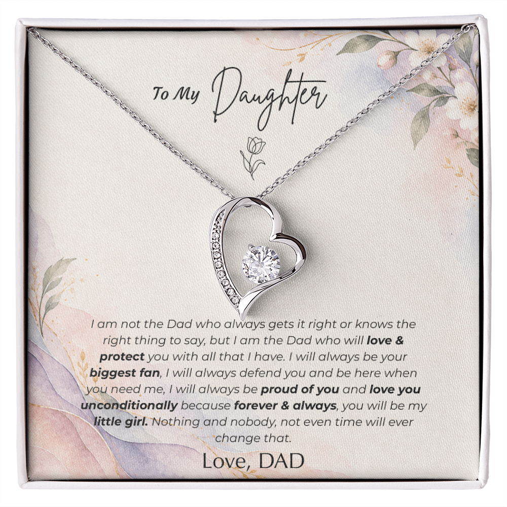 card close-up, white gold): To my daughter necklace from dad — Forever Love heart pendant on message card, white gold finish
