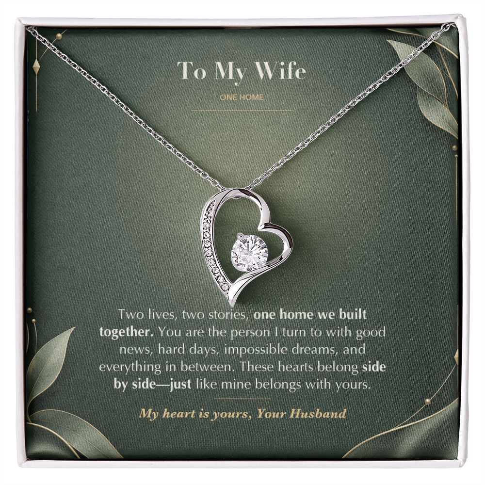To My Wife Necklace from Husband – Forever Love Heart Pendant with One Home Message Card & Gift Box