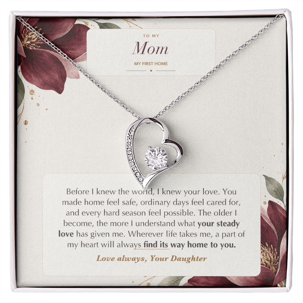 Forever Love heart necklace with My First Home message card for Mom