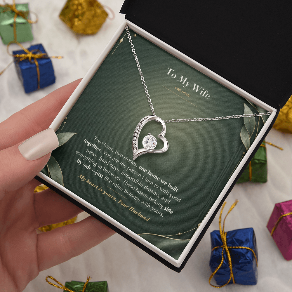 To My Wife Necklace from Husband – Forever Love Heart Pendant with One Home Message Card & Gift Box
