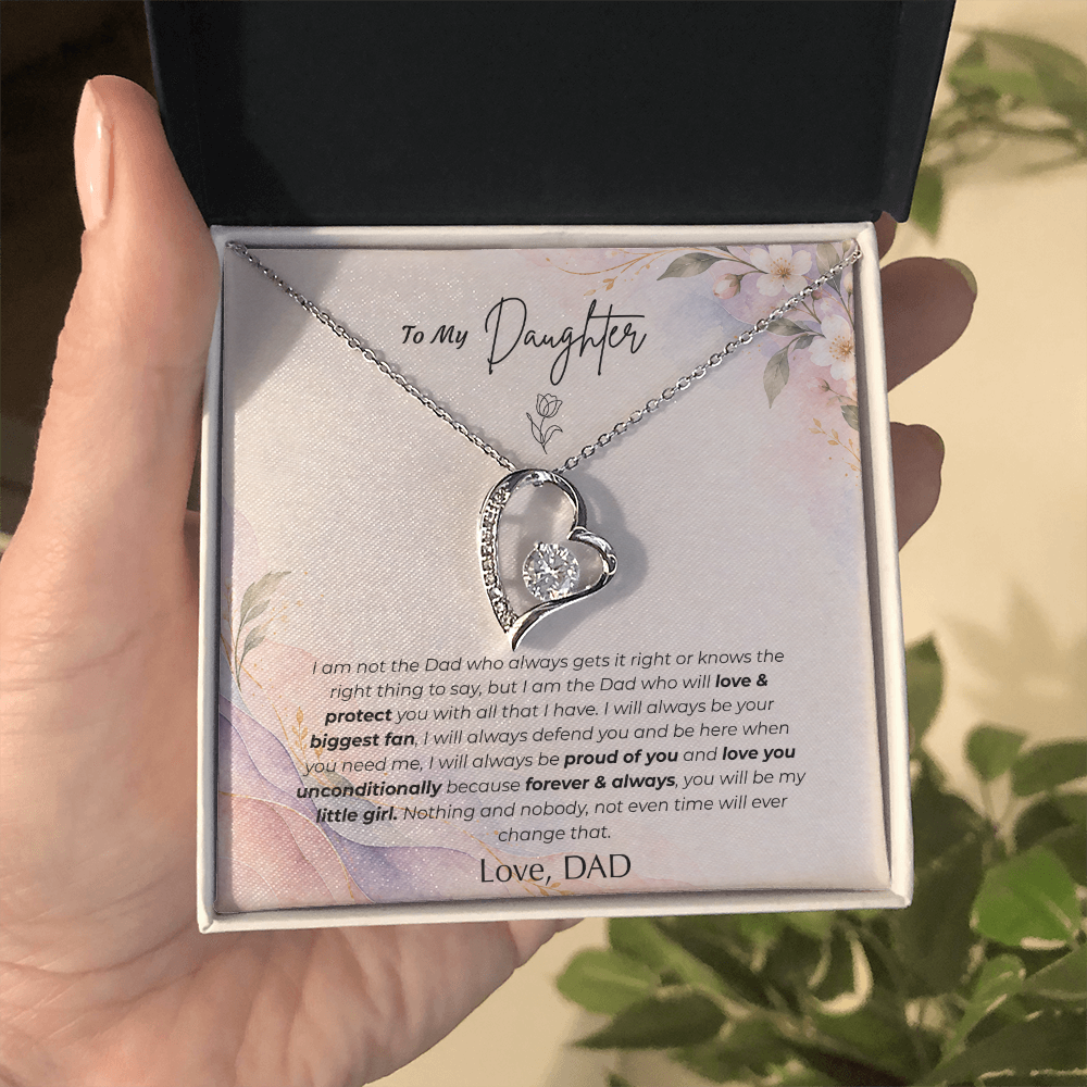 To My Daughter Necklace from Dad – "You'll Always Be My Little Girl" Forever Love Heart Pendant with Message Card & Gift Box – Christmas Gift for Daughter