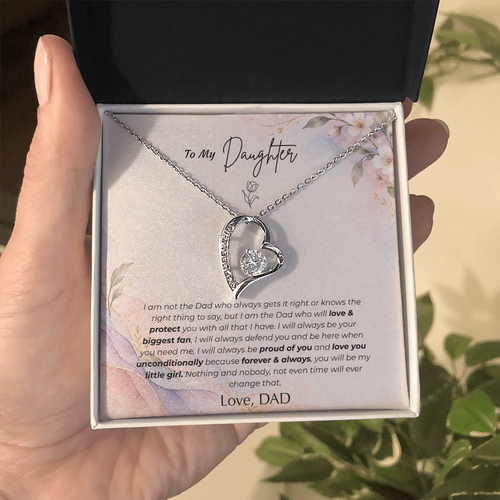 To My Daughter Necklace from Dad – "You'll Always Be My Little Girl" Forever Love Heart Pendant with Message Card & Gift Box – Christmas Gift for Daughter