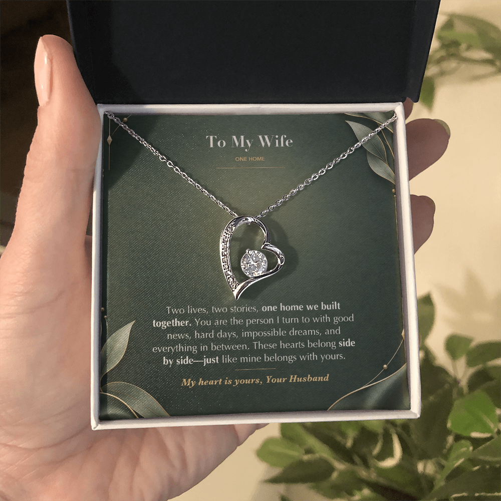 To My Wife Necklace from Husband – Forever Love Heart Pendant with One Home Message Card & Gift Box