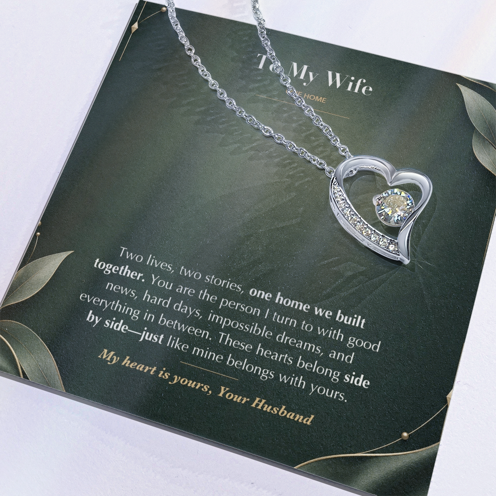 To My Wife Necklace from Husband – Forever Love Heart Pendant with One Home Message Card & Gift Box