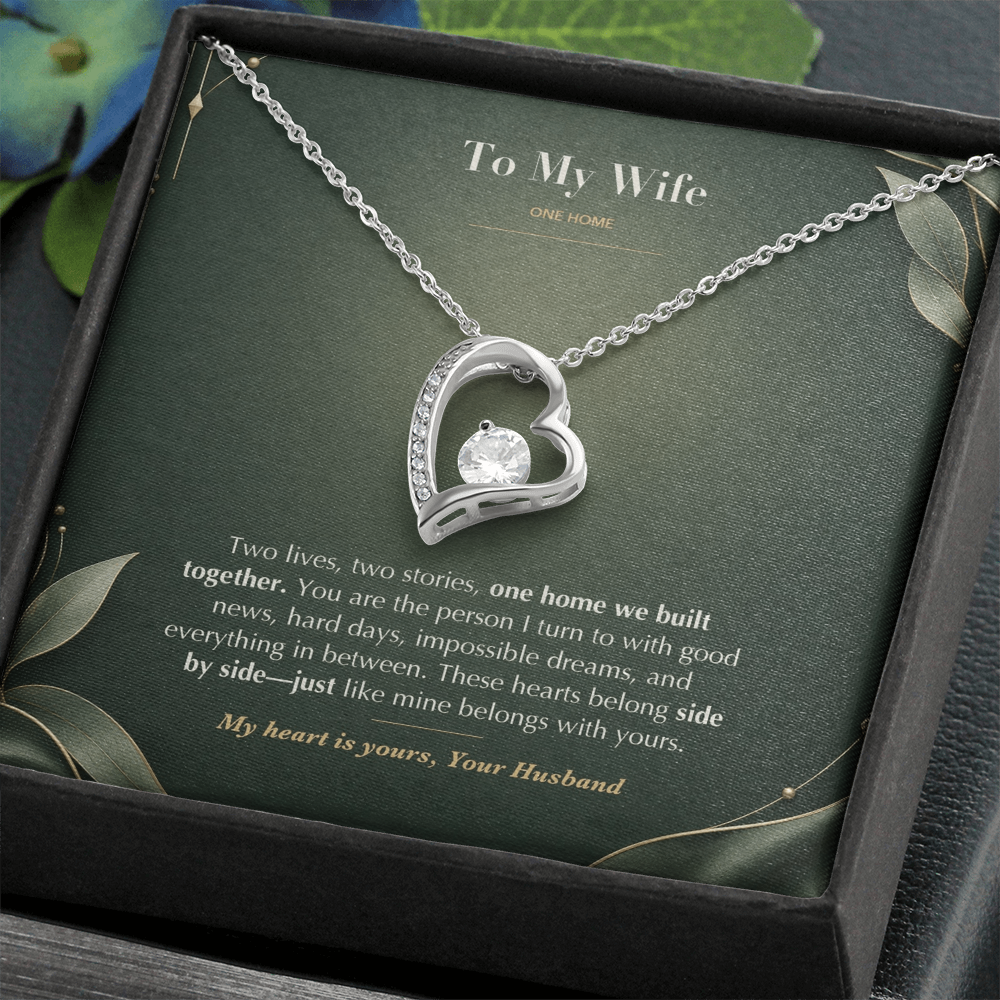 To My Wife Necklace from Husband – Forever Love Heart Pendant with One Home Message Card & Gift Box