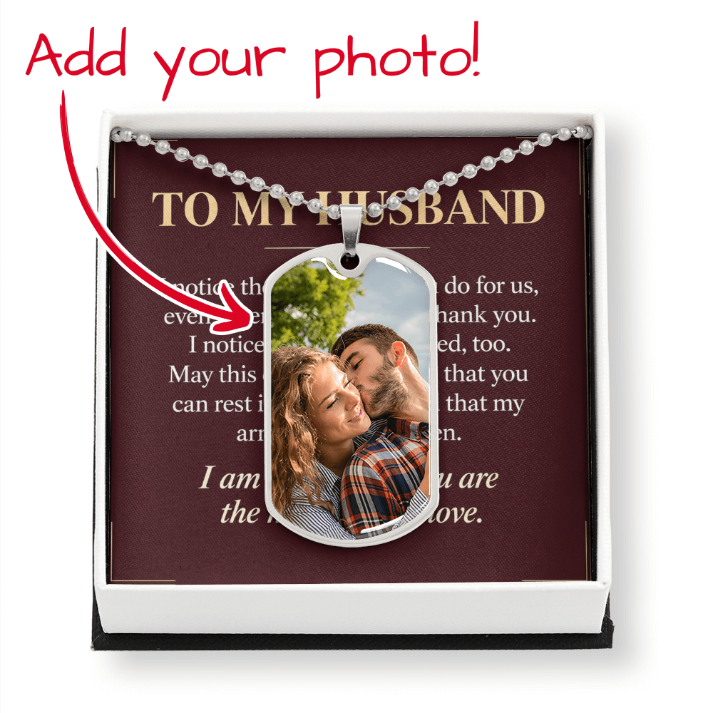 To My Husband Dog Tag Necklace – "Grateful for You" Message Card & Gift Box, Personalized Photo Dog Tag, Christian Gift for Husband