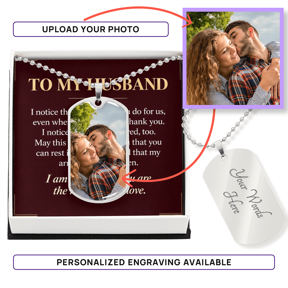 To My Husband Dog Tag Necklace – "Grateful for You" Message Card & Gift Box, Personalized Photo Dog Tag, Christian Gift for Husband