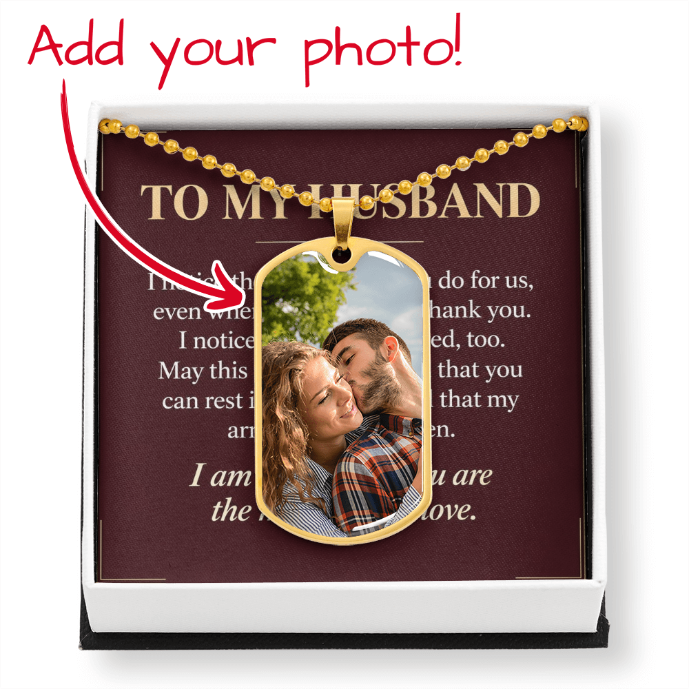 To My Husband Dog Tag Necklace – "Grateful for You" Message Card & Gift Box, Personalized Photo Dog Tag, Christian Gift for Husband