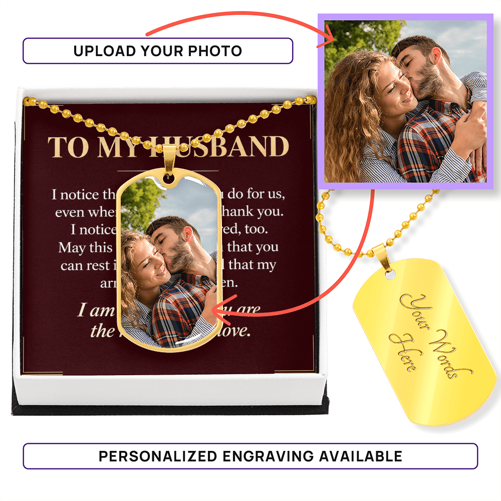 To My Husband Dog Tag Necklace – "Grateful for You" Message Card & Gift Box, Personalized Photo Dog Tag, Christian Gift for Husband